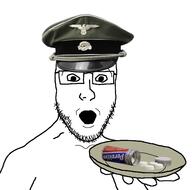 arm clothes drugs glasses hand hat hat_ornament holding_object holding_plate methamphetamine military_hat nazism open_mouth peaked_cap pervitin plate skull_hat_ornament soyjak stubble swastika totenkopf variant:platejak // 1457x1440 // 337.5KB