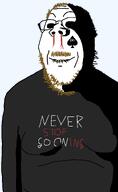 artist:H3K artist:toniylijani blood_on_face bloody_nose brown_hair closed_mouth coomer epi eyebags gooner laugh_lines mustache nose ominous series:coomers_&_gooners shadow shirt_with_words spade stubble sweating text variant:gapejak wrinkles yellow_teeth // 948x1547 // 30.3KB