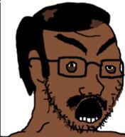 brown_skin glasses hair indian mustache open_mouth poop small_eyes soyjak stubble variant:soyak yellow_sclera // 250x273 // 13.8KB