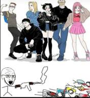 blood clothes doomer female firearm full_body glasses gun mass_shooter nordic_chad open_mouth soyjak stickman stubble subvariant:trad_wife variant:soyak variant:wojak zoomer // 864x939 // 711.7KB