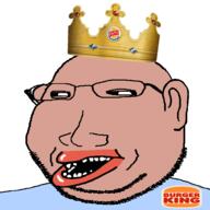 amerimutt blue_shirt brown_skin burger_king clothes crown ear glasses hat king logo open_mouth stubble subvariant:massjak subvariant:wholesome_soyjak variant:gapejak // 600x600 // 102.0KB