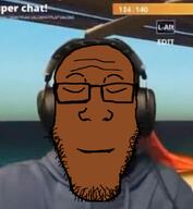 bald black_skin closed_eyes clothes eyebrows glasses headphones headset holding_laughter hoodie ishowspeed nigger nose open_mouth smile stubble subvariant:neutralplier text variant:markiplier_soyjak wrinkles // 551x597 // 299.4KB