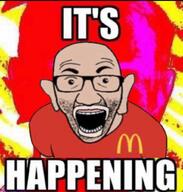 amerimutt bald big_ears black_sclera glasses looking_at_you low_resolution mcdonalds open_mouth pink_skin red_shirt small_eyes stubble text trend:colorjak variant:el_perro_rabioso // 974x1024 // 92.5KB