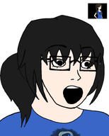 anime black_hair blue_shirt class_of_09 female femjak glasses mouth_open nicole ponytail soygirl subvariant:soygirl tranime_girle variant:soyak video_game visual_novel white_background // 600x746 // 131.4KB