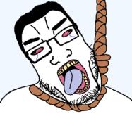 ack beard bloodshot_eyes blue_tongue crying dead hair hanging open_mouth rope subvariant:chudplier template tongue variant:chudjak variant:markiplier_soyjak yellow_teeth // 771x792 // 21.9KB