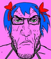 blue_hair bow bury_pink_gril closed_mouth female glasses green_eyes hair pink_background pink_skin punisher_face soyjak stubble variant:markiplier_soyjak // 474x546 // 110.1KB