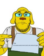 1984 arm artist:sectionalism closed_mouth clothes dog error eyebrows glasses holding_object janny nose pointing stubble subvariant:nuplier suspenders torso variant:markiplier_soyjak yellow_hair // 818x1030 // 35.0KB