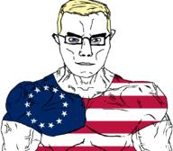angry blue_hair buff closed_mouth ear glasses hair ross_flag soyjak subvariant:chudjak_front subvariant:muscular_chud united_states variant:chudjak vein // 1059x929 // 60.4KB