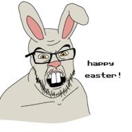 angry animal black_beard black_glasses black_stubble brown_eyes buck_teeth dark_gums dark_yellow_eyes ear easter eyebrows forehead_lines glasses longer_middle_two_teeth mustache open_mouth pink_inner_ears pink_nose rabbit soyjak stubble text variant:feraljak white_background yellow_eyes // 1378x1378 // 83.1KB