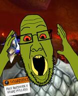 armor badge cave glasses hand hands_up horn open_mouth orc raid soyjak stubble teeth variant:ppp weapon // 1000x1233 // 1.0MB