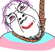 bloodshot_eyes closed_mouth crying dead flag glasses hair hanging mustache purple_hair rope smile smug soyjak stubble suicide tranny variant:bernd // 768x719 // 377.7KB