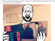 glasses hand holding_object irl nintendo nintendo_switch open_mouth reddit soyjak stubble text the_legend_of_zelda the_legend_of_zelda:_breath_of_the_wild variant:unknown video_game // 625x461 // 348.9KB