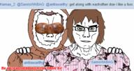 Hamas_2(namefag) SanrioWABAG_(namefag) antiswarthy_(namefag) brown_hair calm eskimo friendship green_eyes greenland kuromi long_hair peace reconciliation sanrio snow_goggles soybooru steganography subvariant:muscular_chud variant:chudjak // 1543x821 // 484.6KB