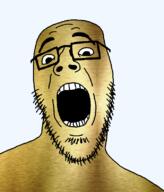 glasses gold gold_skin looking_at_you soyjak stubble teeth transparent_background variant:jazzson // 675x789 // 375.4KB