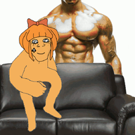 animated blue_eyes buff bull cartoon casting_couch clothes couch crazed dance eyelashes female full_body hair mymy_(ongezellig) ongezellig orange_hair orange_skin selfish_little_fuck smile soyjak variant:feraljak vein // 840x700 // 725.3KB