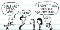3soyjaks angry closed_mouth clothes diary_of_a_wimpy_kid female frown glasses hair hand holding_nose open_mouth pointing ruled_paper smile soyjak speech_bubble stubble subvariant:wholesome_soyjak text variant:chudjak variant:cobson variant:gapejak // 2340x1176 // 502.3KB