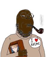 anime badge black_skin glasses holding_object i_love pipe smoking soyjak stubble text variant:gapejak // 554x672 // 233.5KB