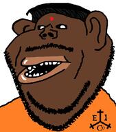 bindi black_sclera black_skin clothes ear hair hindu hinduism india indian lips mutt open_mouth orange_shirt soyjak stubble subvariant:impish_amerimutt variant:impish_soyak_ears // 597x679 // 22.9KB