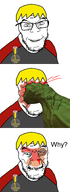 arm award blood bruise bruised_eye closed_mouth clothes frog green_skin nate no_glasses punch smile teeth text variant:feraljak white_background yellow_hair // 1200x3300 // 590.2KB