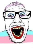 eyelashes flag glasses hair makeup mustache open_mouth purple_hair soyjak stubble tranny variant:punkjak yellow_teeth // 918x1306 // 69.8KB