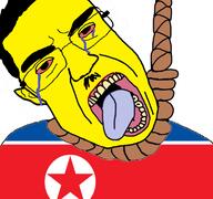 ack flag:north_korea glasses hanging korea mustache north_korea red_eyes rope soyjak subvariant:patrick teeth tongue variant:chudjak yellow yellow_skin // 768x719 // 252.1KB