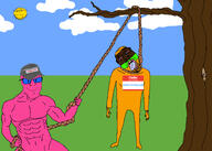 ack bloodshot_eyes buff closed_mouth crying dead doll_(user) hanging happy hello_my_name_is_(sticker) noose open_mouth pink pink_skin professornothingburger_(user) soyjak stubble text tree variant:bernd variant:feraljak // 2100x1500 // 1009.6KB