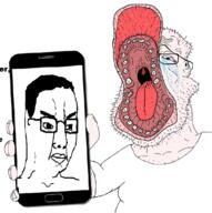 2soyjaks arm clothes cropped crying glasses grotesque hand holding_object jair phone soyjak stubble tshirt variant:chudjak variant:unknown // 670x675 // 254.9KB