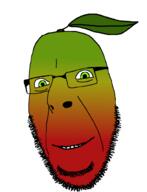 closed_mouth food foodjak fruit glasses green_eyes leaf looking_at_you manga no_eyebrows series:fruiterz! smile soyjak stubble variant:cobson // 775x1012 // 233.9KB