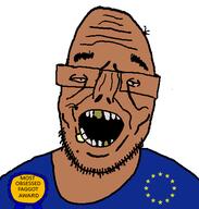 award bloodshot_eyes brown_skin clothes dirty_mouth euromutt european_union glasses most_obsessed_faggot_award open_mouth soyjak stubble text variant:unknown // 447x469 // 26.7KB