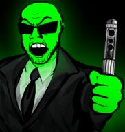 angry artist:shemmysloota central_intelligence_agency clothes drawfag drawing glasses glowing green_skin gun necktie pistol suit sunglasses trend:glowie variant:feraljak // 820x867 // 360.1KB