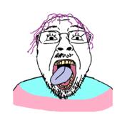 clothes flag glasses hair mustache open_mouth purple_hair soyjak stubble tongue tranny variant:bernd yellow_teeth // 597x527 // 17.3KB