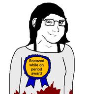 award badge blood closed_mouth ear female glasses hair long_hair period series:foidjaks smug soyjak subvariant:female_soyak variant:soyak // 548x600 // 18.1KB