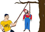 2soyjaks bloodshot_eyes buckteeth clothes crying full_body hanging holding_object holding_rope jeffy lynching mario mustache noose open_mouth pencil plush puppet rope smile sml smug soyjak supermariologan tranny tree variant:bernd variant:chudjak yellow_teeth youtube // 1080x771 // 78.3KB