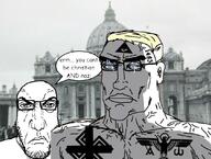 2soyjaks angry blue_eyes buff christianity closed_mouth ear glasses hair punisher_face soyjak speech_bubble stubble variant:chudjak variant:markiplier_soyjak yellow_hair // 1080x818 // 824.0KB