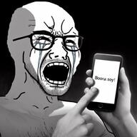 bald bloodshot_eyes chest_hair crying dark glasses hand holding_object holding_phone iphone meta:ai_generated open_mouth phone pointing stubble teeth variant:cryboy_soyjak variant:soyak // 1024x1024 // 93.4KB