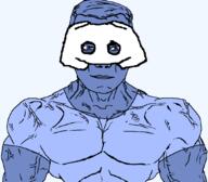 arm blue_eyes blue_hair blue_skin buff closed_mouth clothes discord hair mask soyjak subvariant:chudjak_front subvariant:muscular_chud tshirt variant:chudjak vein // 1059x929 // 61.9KB