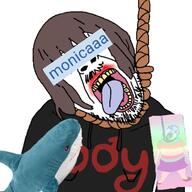 2soyjaks blahaj boymoder dead glasses hair hanging hoodie hrt monicaaa name_tag open_mouth soybooru soyjak stubble tongue tranny variant:bernd // 480x480 // 117.3KB