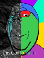 closed_eyes coal coal_background coal_skin colorful crying glasses i'm_fine sad smile soyjak stubble subvariant:wholesome_soyjak text variant:gapejak // 600x792 // 400.6KB