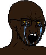 black_skin crying glasses open_mouth soyjak stubble variant:soyak yellow_sclera // 633x758 // 20.1KB