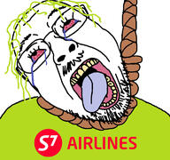 bloodshot_eyes crying dead flag glasses green_hair hair hanging mustache open_mouth purple_hair rope russia s7_airlines soyjak stubble suicide text tongue tranny variant:bernd yellow_teeth // 768x719 // 155.8KB