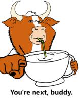 animal biz_(4chan) bull cup drinking drinking_straw ear hand holding_object horn mug orange_skin pointing pointing_at_viewer pointy_ears sip snout soyjak stubble subvariant:impdrink text variant:impish_soyak_ears white_hair // 732x902 // 142.0KB