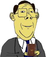 asian book brown_hair clothes collared_shirt double_chin ear english_text glasses hair happy holding_book holding_object looking_at_you necktie smile soyjak suit text variant:protestantjak white_background white_shirt yellow_skin // 726x888 // 238.3KB