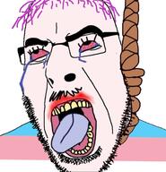 anhero bloodshot_eyes clothes crying flag glasses hair hanging meta:op_took_a_selfie_of_xerself mustache open_mouth purple_hair rope soyjak stubble suicide tongue tranny variant:cobson white_skin // 676x701 // 255.5KB