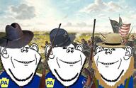 3soyjaks amish badge beard brown_hair civil_war clothes confederate cowboy_hat drawn_background ear flag gun hat military musket painting pennsylvania smile soyjak straw_hat stubble united_states variant:impish_soyak_ears war // 2046x1319 // 1.4MB