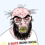 acne balding beard bloodshot_eyes clenched_teeth clothes cracked_teeth hair hairy i_hate introvert mustache social socializing soyjak sweating text tshirt variant:feraljak wrinkles yellow_teeth // 1024x1024 // 303.0KB