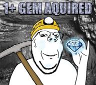 2soyjaks coal gem glasses glowing helmet holding_gem holding_object impact_font irl_background miner mining_helmet objectsoy pickaxe smile soyjak stubble text variant:gapejak variant:impish_soyak_ears // 600x527 // 403.4KB