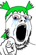 4chan anime bloodshot_eyes crying glasses green_hair hair open_mouth pointing pointing_at_viewer soyjak stubble variant:gapejak yotsoyba // 627x949 // 349.0KB