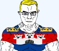 arm aryan blue_eyes buff building castle closed_mouth clothes country county crown ear flag flag:jönköping glasses hair jönköping soyjak subvariant:chudjak_front subvariant:muscular_chud sweden transparent_background tshirt variant:chudjak vein yellow_hair // 1059x929 // 85.3KB
