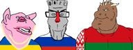 3soyjaks bald belarus blond blue_eyes brown_skin buff closed_mouth clothes ear eyebrows flag:belarus flag:russia flag:ukraine glasses grey_skin lips looking_at_you looking_to_the_left looking_to_the_right muscles no_glasses nose pig pigger pink_skin potato red_nose russia series:trios_&_duos slavic smile snout stubble subvariant:euroaryan subvariant:euromutt subvariant:impish_ameriaryan subvariant:impish_amerimutt subvariant:mexiaryan teeth trend:aryan ukraine variant:impish_soyak_ears variant:markiplier_soyjak variant:meximutt vatnik white_background wrinkles zigger // 2162x824 // 112.2KB