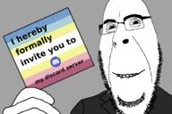 biting_lip clothes discord distorted flag glasses hand holding_object invite map_(pedophile) pedophile smile soyjak stubble subvariant:hornyson suit text variant:cobson // 917x611 // 122.3KB